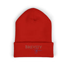 Red cuffed beanie with "Brevity Brew" embroidered in gold and blue.