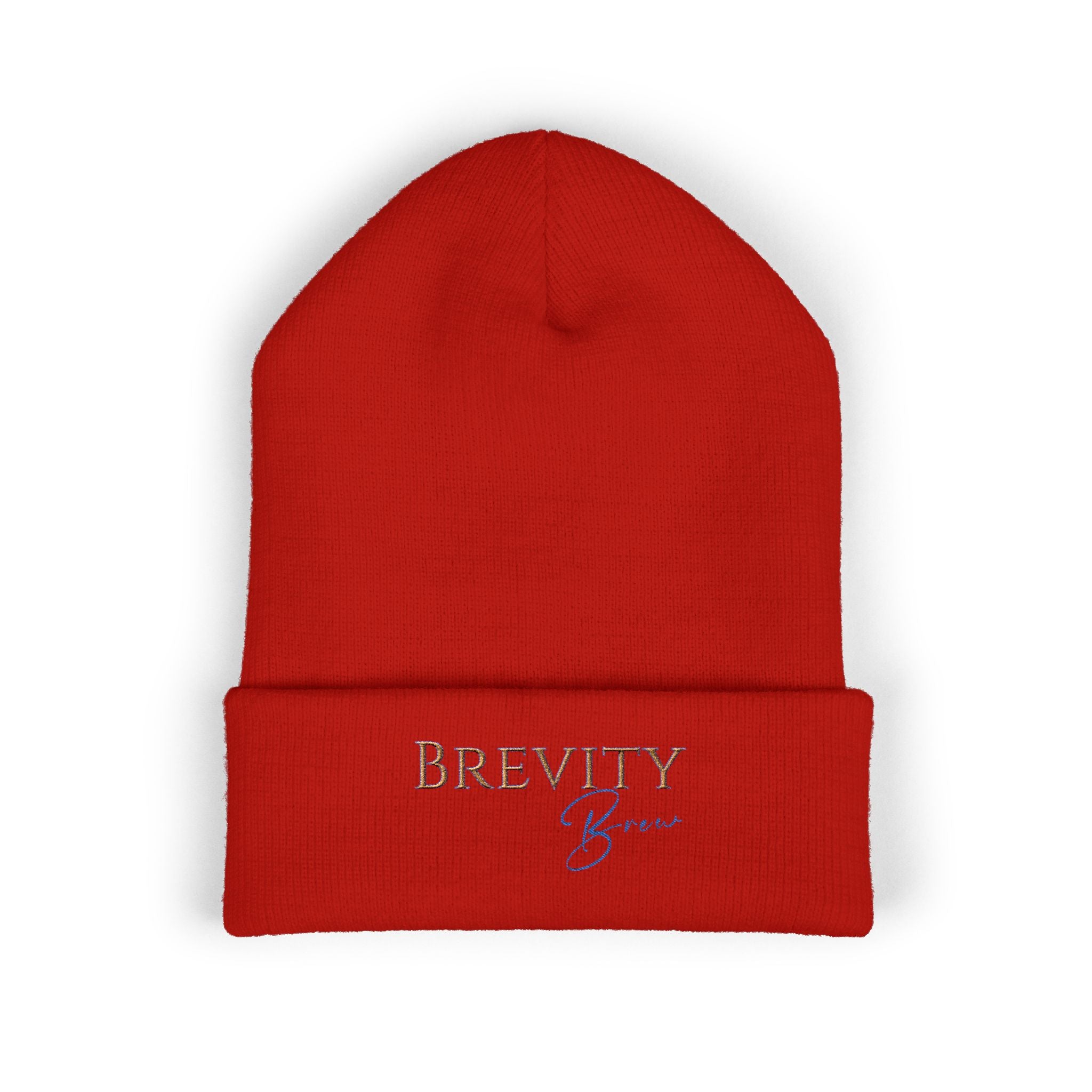 Red cuffed beanie with "Brevity Brew" embroidered in gold and blue.
