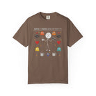 Brown unisex cotton t-shirt with a distressed graphic of a stick figure, coffee, and gaming icons.