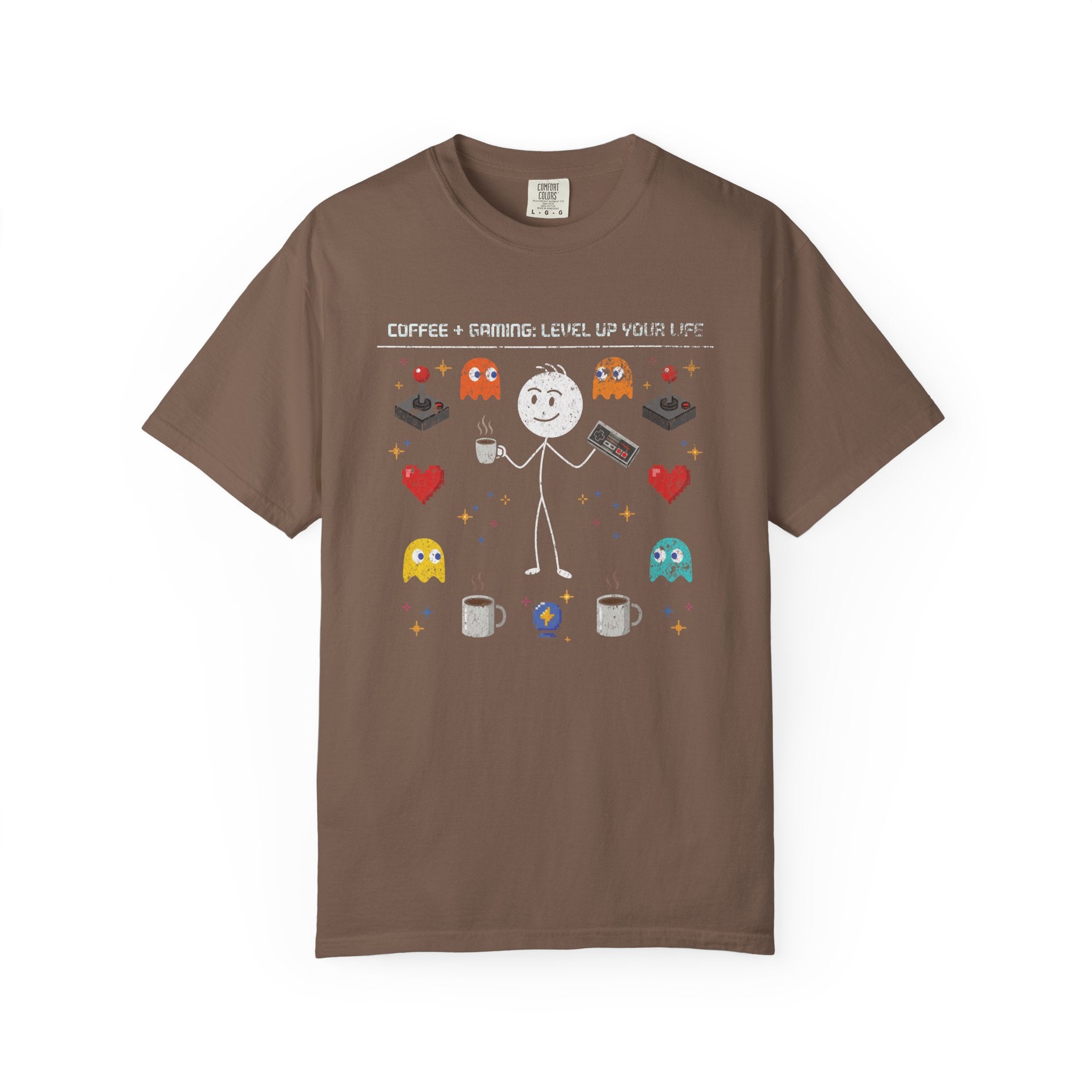 Brown unisex cotton t-shirt with a distressed graphic of a stick figure, coffee, and gaming icons.