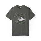 Dark grey unisex t-shirt featuring a graphic of a frog wearing sunglasses and holding a coffee cup.