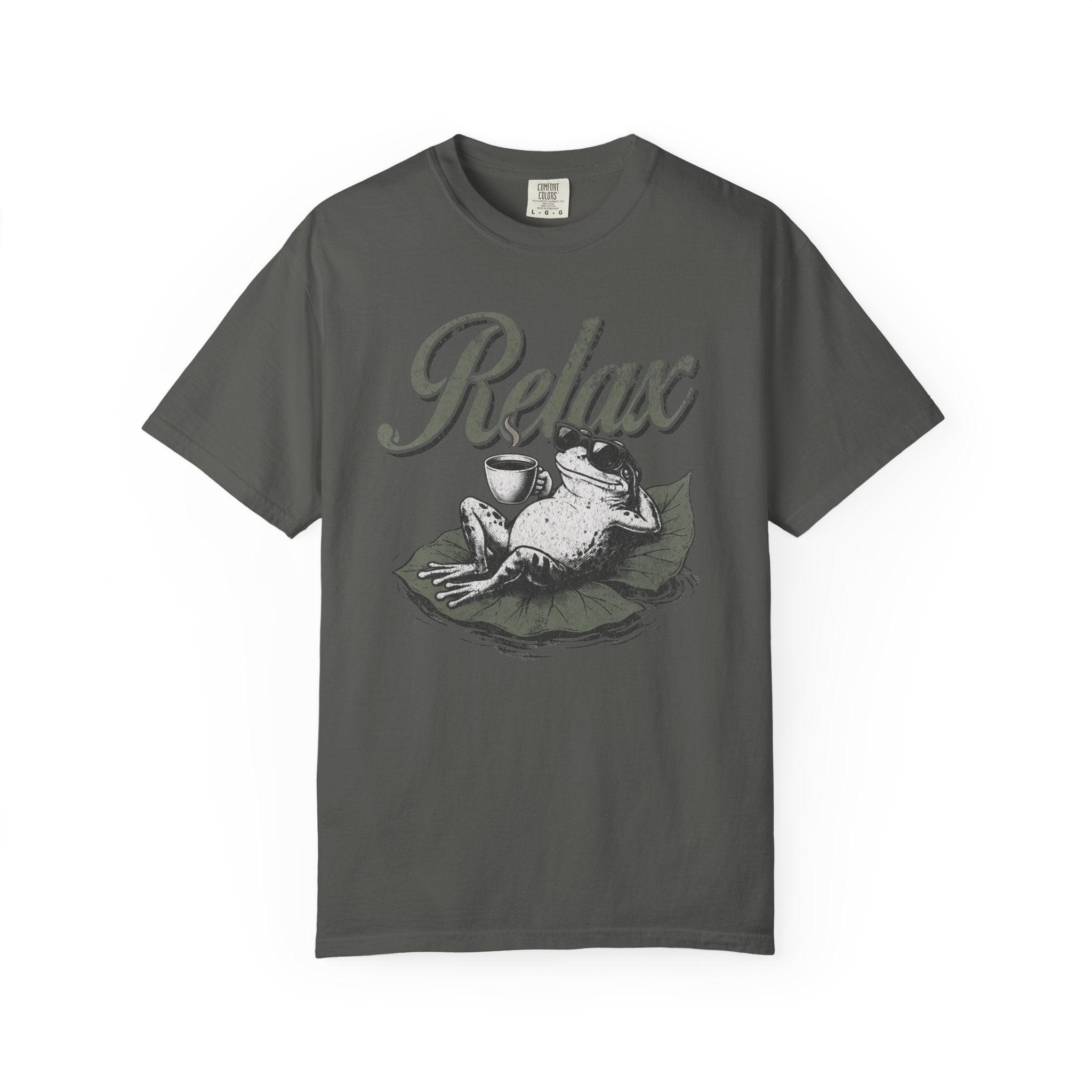 Dark grey unisex t-shirt featuring a graphic of a frog wearing sunglasses and holding a coffee cup.