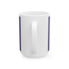 A white ceramic coffee mug with a C-handle and a purple design on the side.