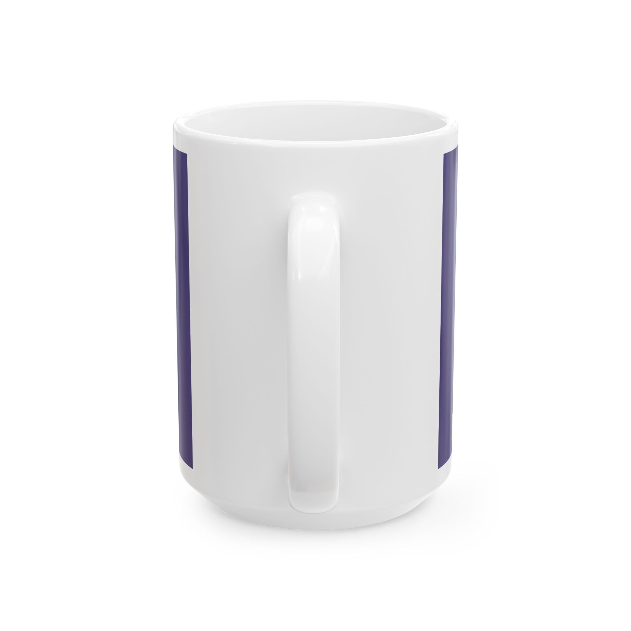 A white ceramic coffee mug with a C-handle and a purple design on the side.