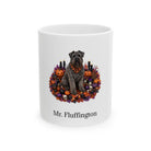 Personalized Bouvier des Flandres dog Halloween mug, 15oz white ceramic, with custom pet name on front