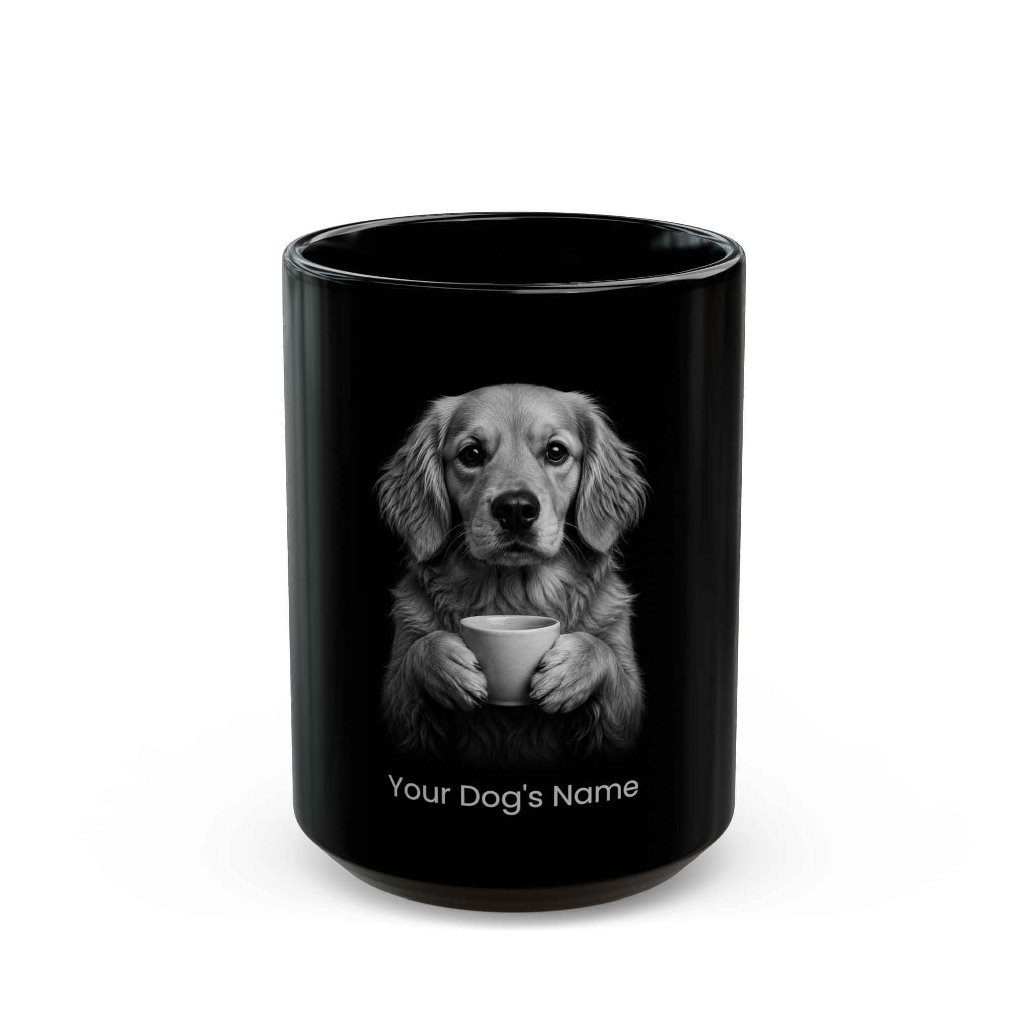 Personalized Miniature Golden Retriever black ceramic coffee mug with custom dog name