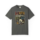 Charcoal grey unisex t-shirt with a distressed Death Before Decaf graphic featuring a skull.