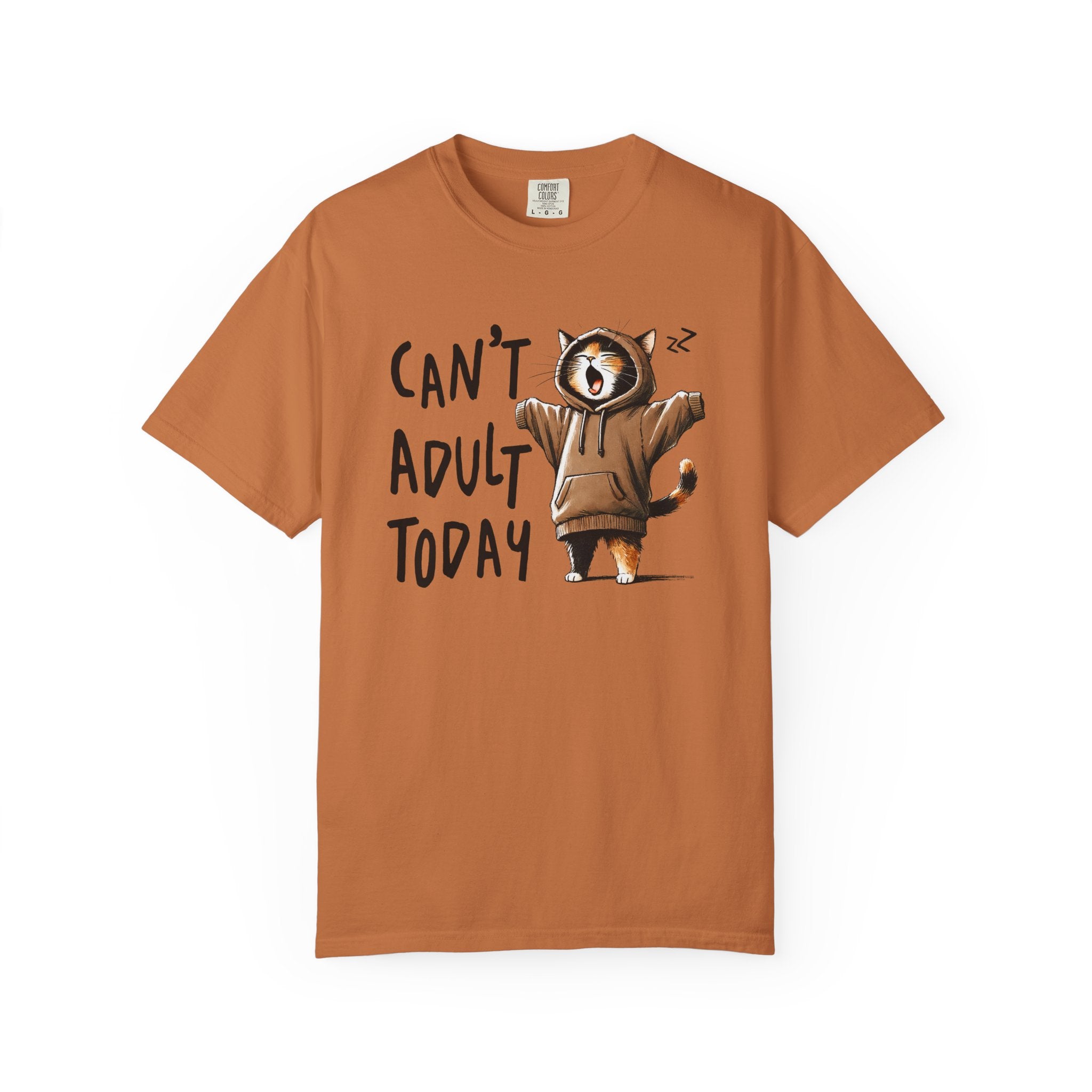 A rust-colored heavyweight cotton t-shirt featuring a graphic of a yawning cat in a hoodie.