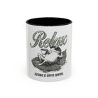 Ceramic accent mug with a graphic of a frog wearing sunglasses on a lily pad with coffee.
