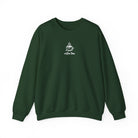 A dark green crewneck sweatshirt featuring a small white graphic of a smiling coffee cup.