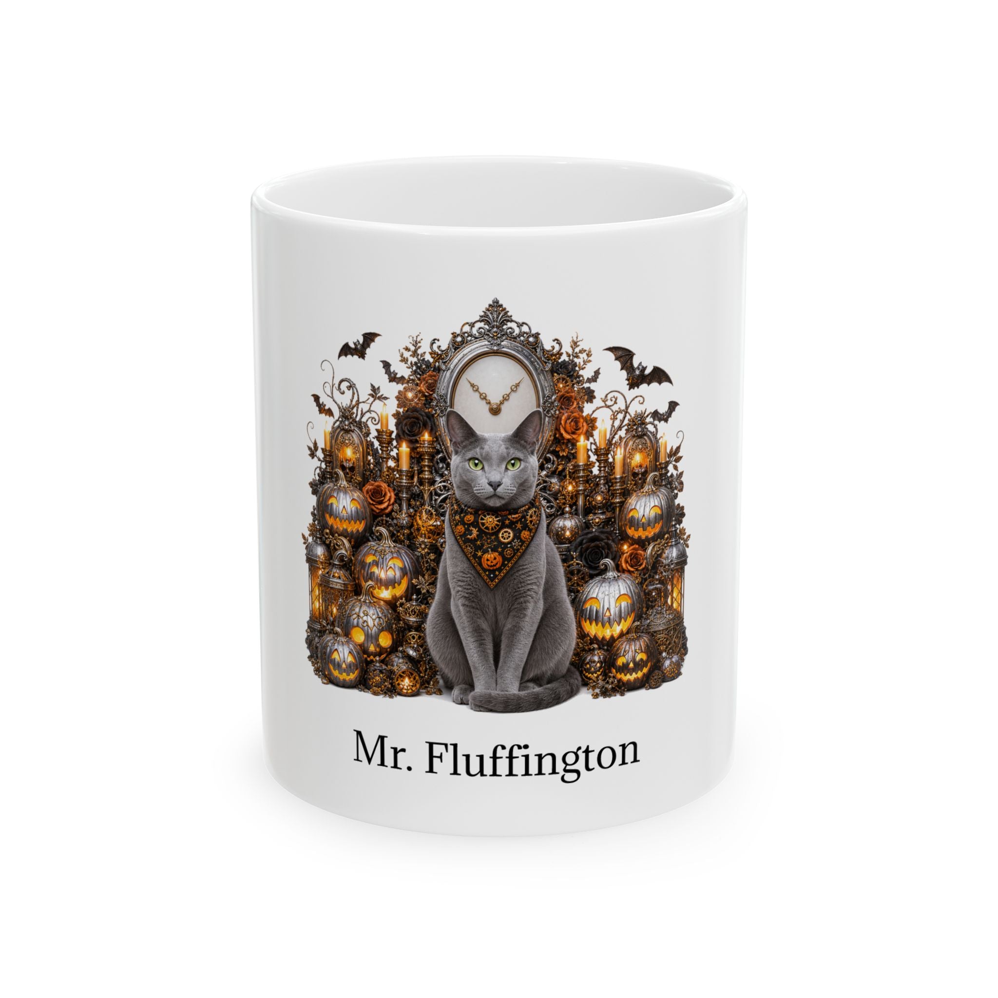 Personalized Russian Blue Cat Mug – Custom Pet Name Halloween Gift