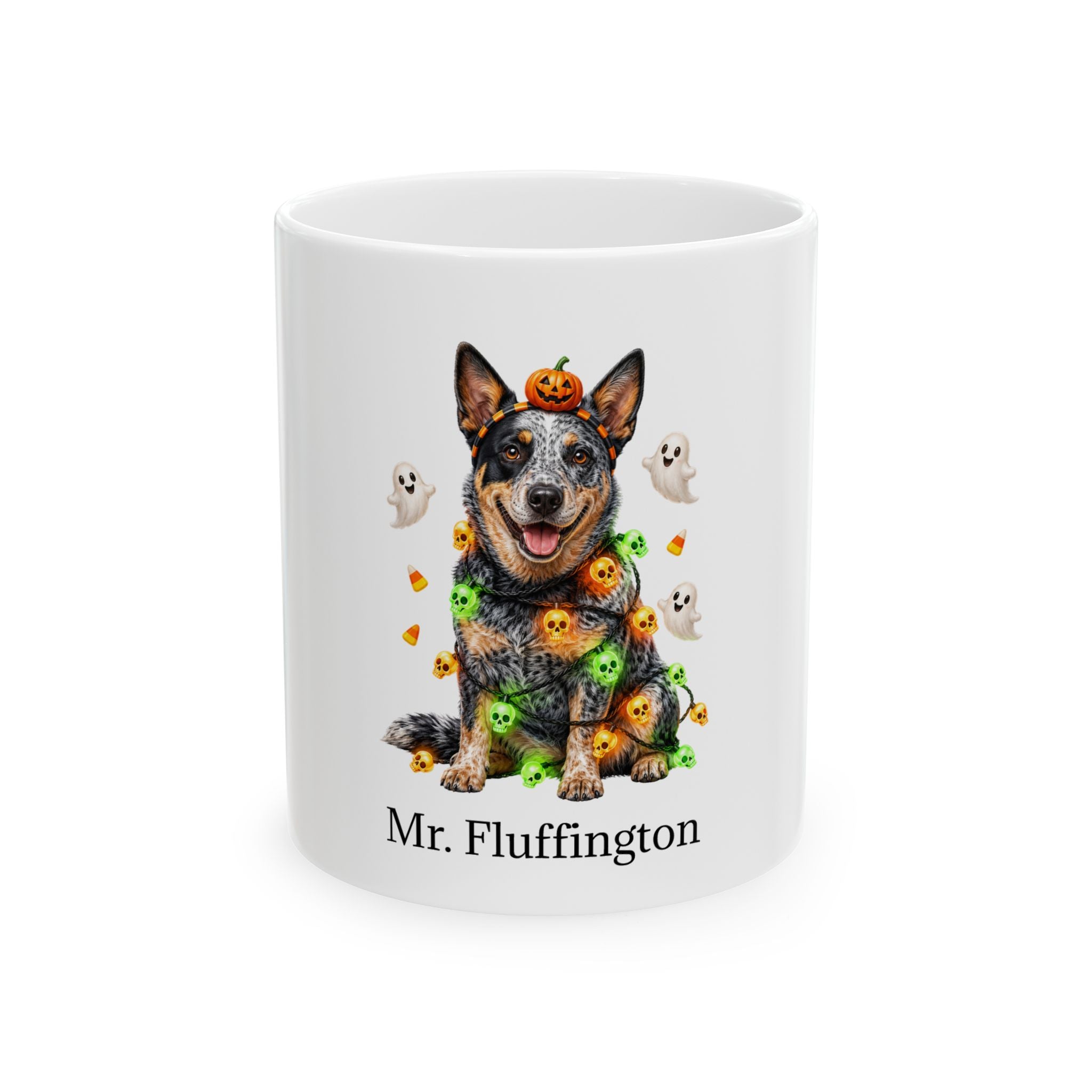 Personalized Australian Cattle Dog Halloween mug with custom dog name, front product view