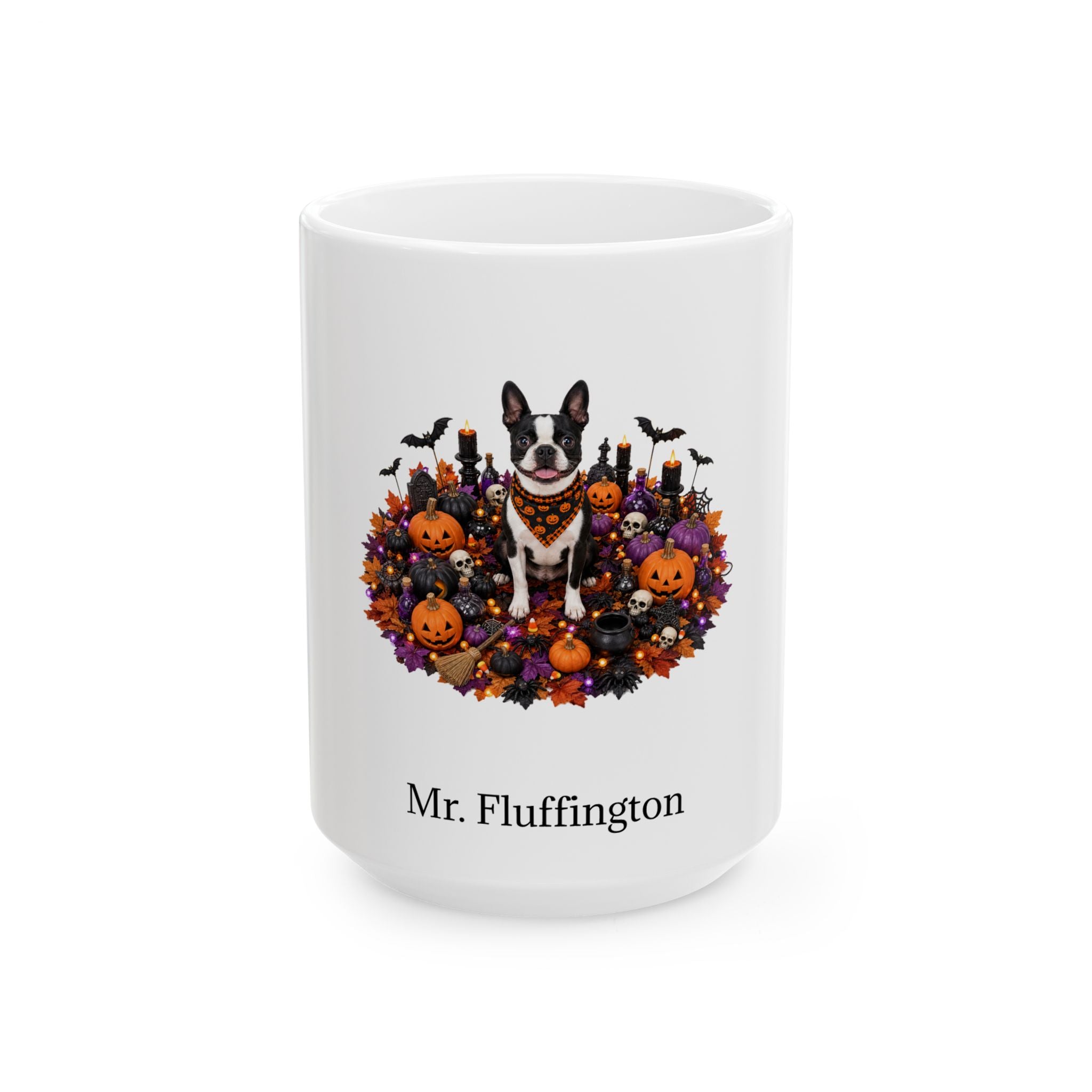 Personalized Boston Terrier dog Halloween mug, 11oz white ceramic, with custom pet name on front