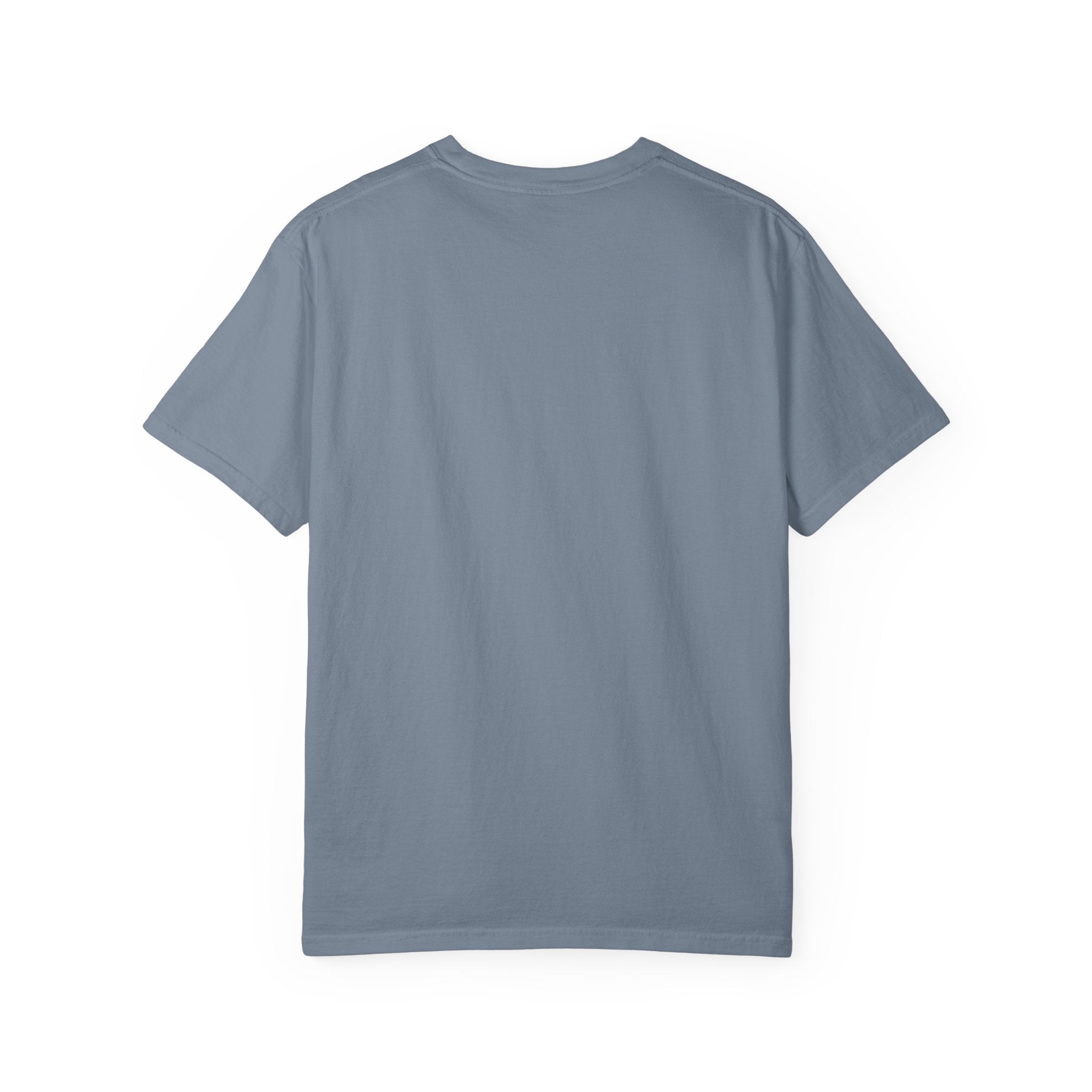 A plain, solid blue short-sleeved t-shirt shown from the back.