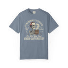 Blue cotton t-shirt featuring a graphic of a skeleton wearing a bandana and holding a coffee mug.