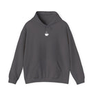 A charcoal gray hoodie featuring a small white coffee cup icon centered on the chest.