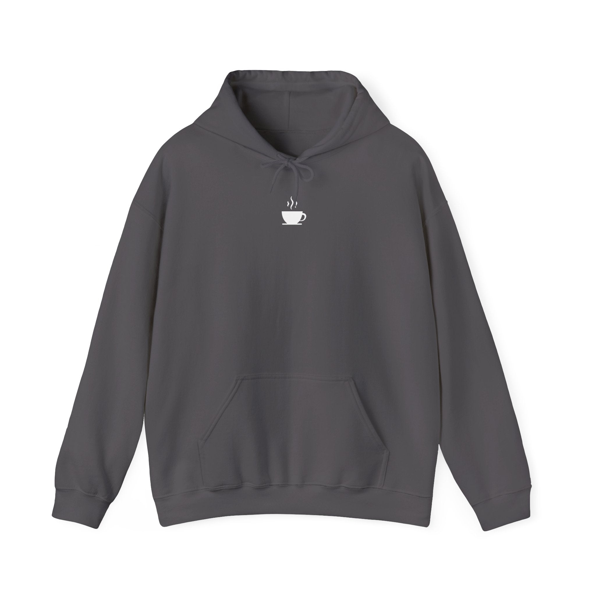 A charcoal gray hoodie featuring a small white coffee cup icon centered on the chest.