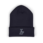Embroidered coffee cup cuffed beanie in dark blue.