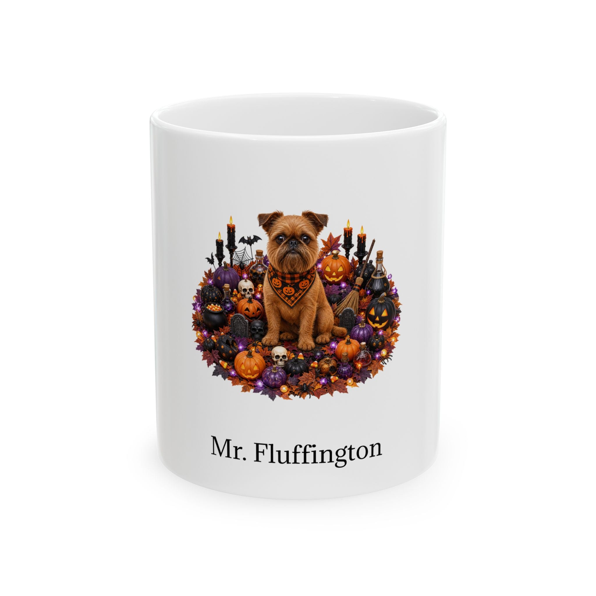 Personalized Brussels Griffon dog Halloween mug, 15oz white ceramic, with custom pet name on front