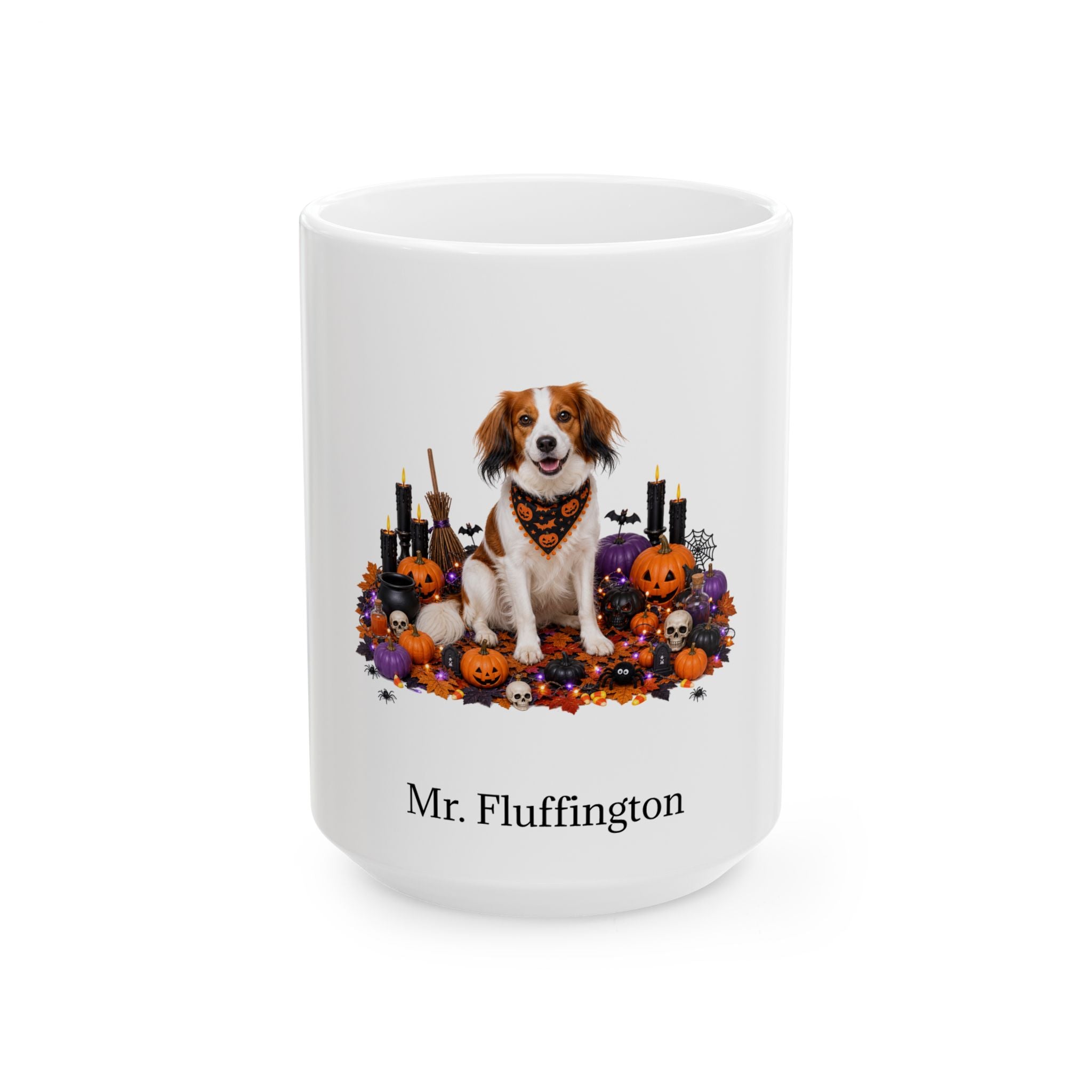 Personalized Kooikerhondje dog Halloween mug, 15oz white ceramic, with custom pet name on front