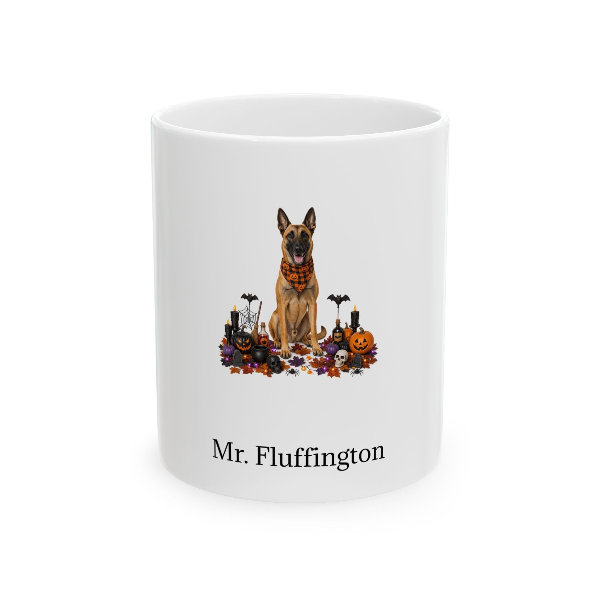 Personalized Belgian Malinois dog Halloween mug, 15oz white ceramic, with custom pet name on front