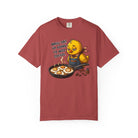 Red t-shirt featuring a sleepy chick in an apron with a pan of coffee-art eggs and text.