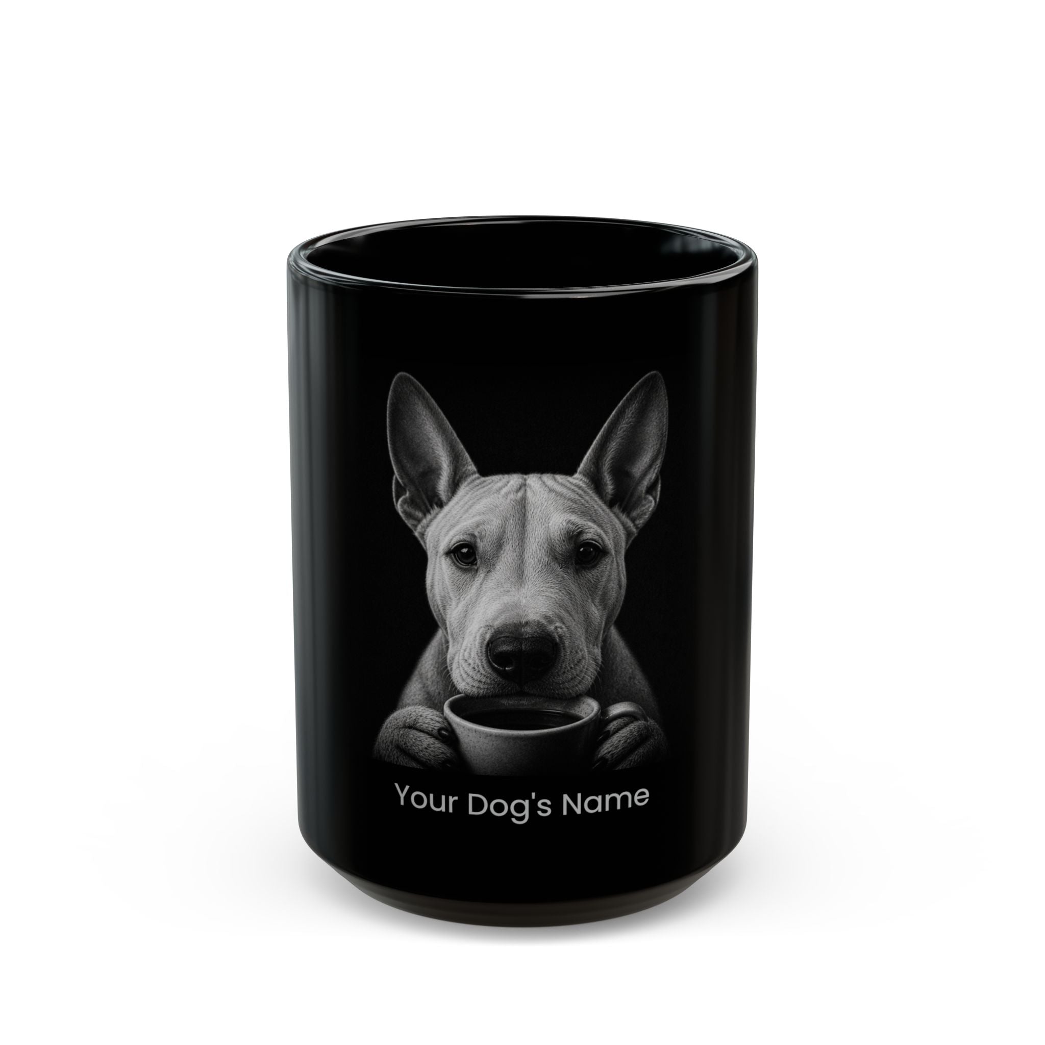 Personalized Bull Terrier black ceramic coffee mug with custom dog name