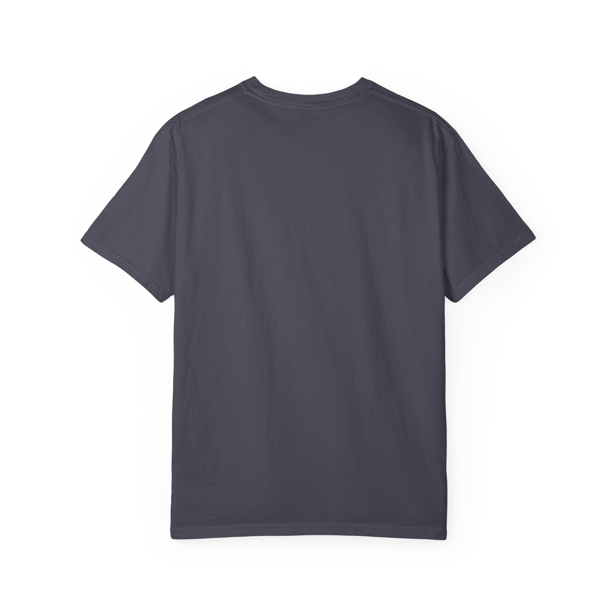 A plain dark grey t-shirt shown from the back.