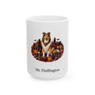 Personalized Collie dog Halloween mug, 15oz white ceramic, with custom pet name on front
