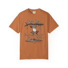 Unisex orange cotton t-shirt with a graphic of a frog hanging from a branch above an alligator.