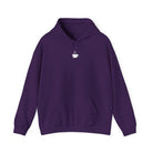 A dark purple pullover hoodie featuring a small white coffee cup icon on the chest.