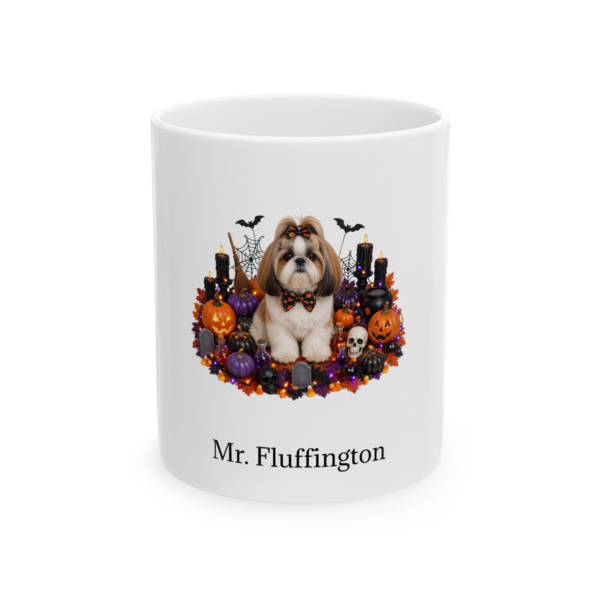 Personalized Shih Tzu dog Halloween mug, 11oz white ceramic, with custom pet name on front