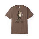 A brown cotton t-shirt featuring a graphic of a frog holding a coffee mug with the text I have to say weird stuff.