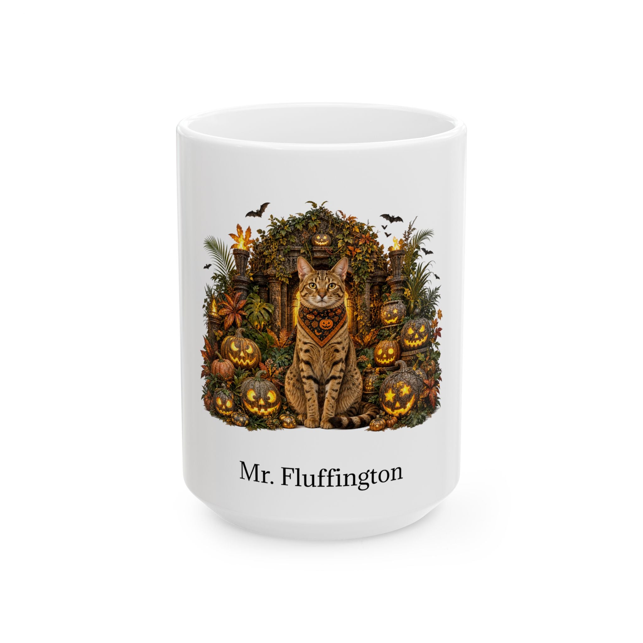 Personalized Ocicat cat Halloween mug, 15oz white ceramic, with custom pet name on front