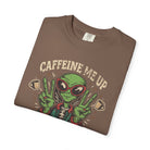 Brown unisex cotton t-shirt featuring a distressed graphic of an alien making peace signs.