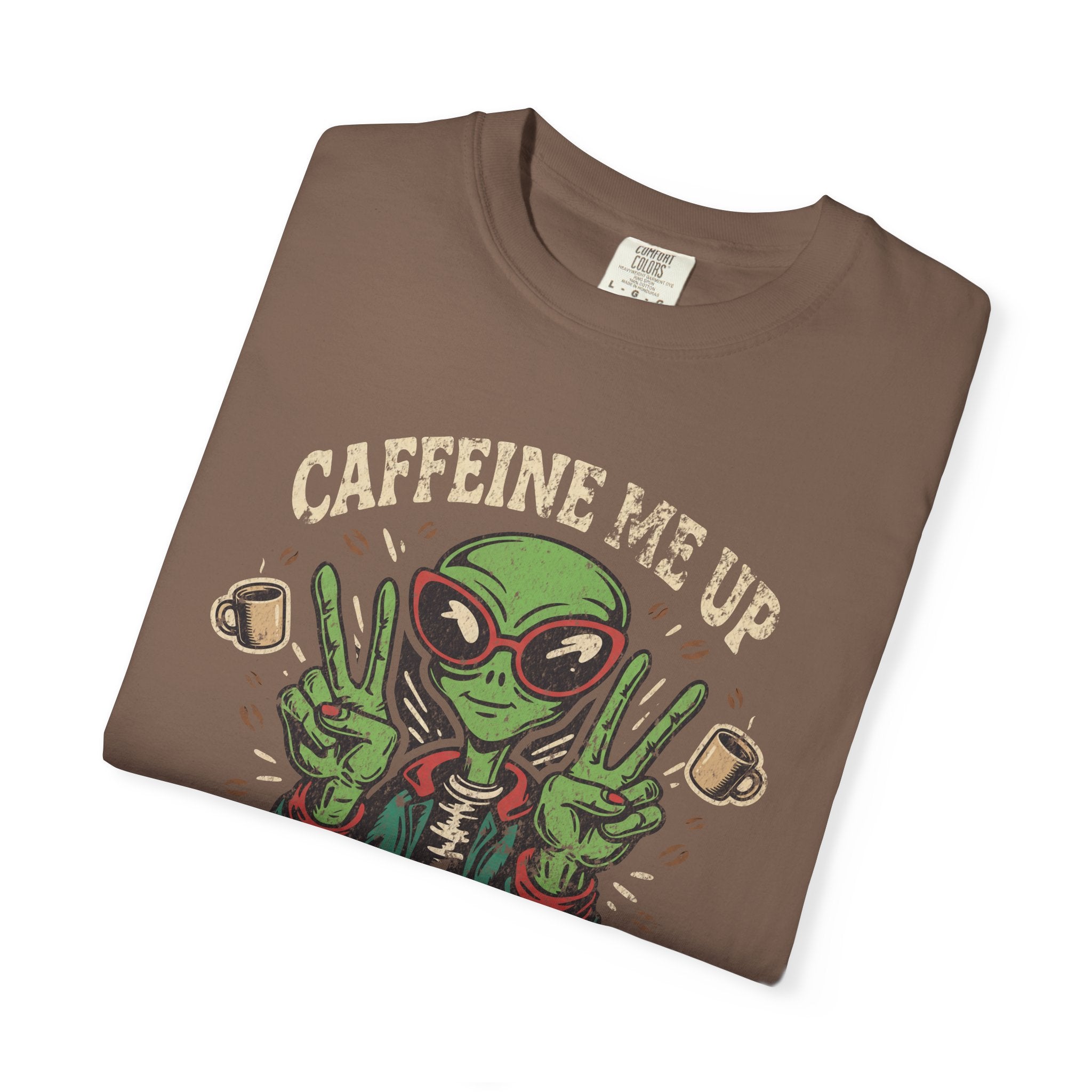 Brown unisex cotton t-shirt featuring a distressed graphic of an alien making peace signs.