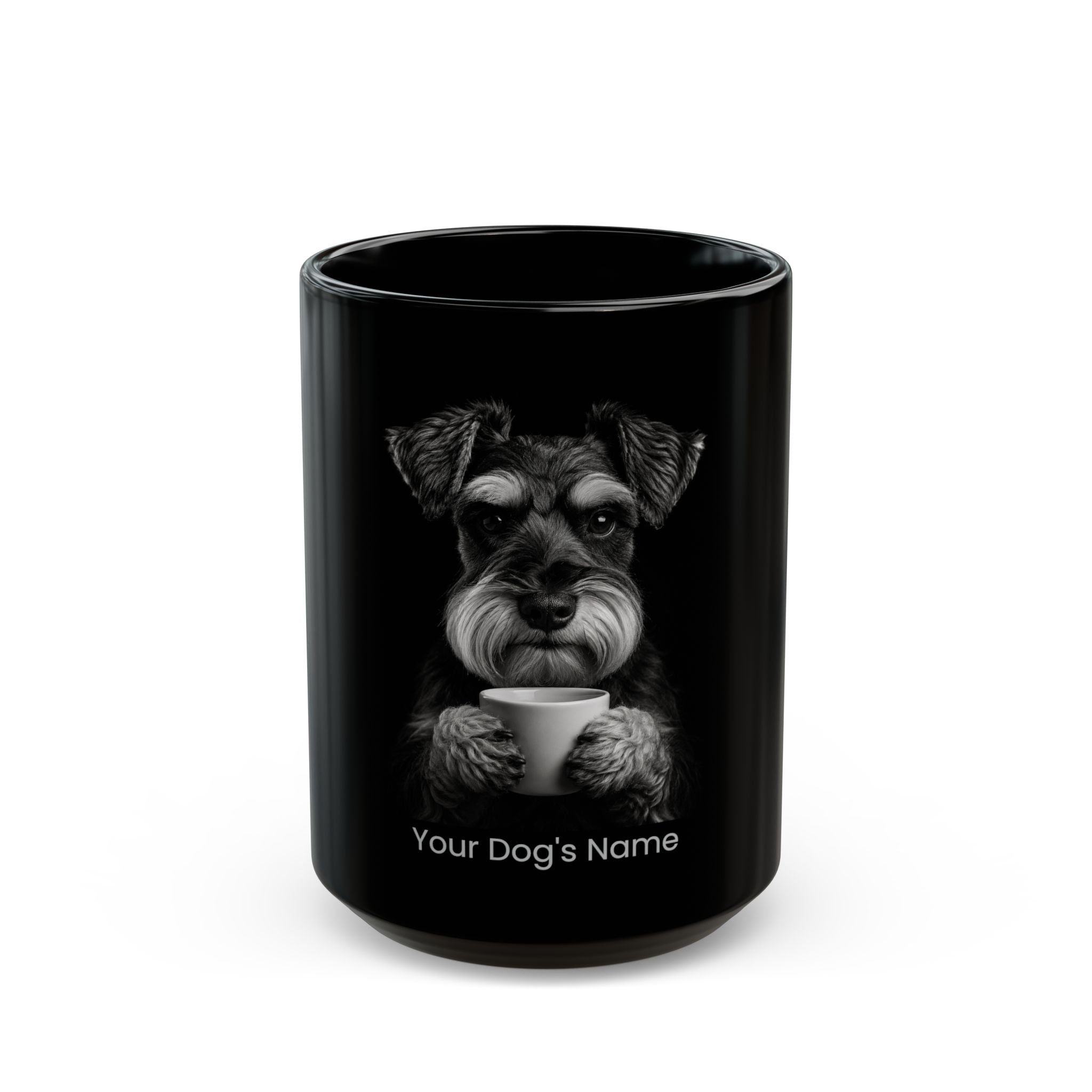 Personalized Miniature Schnauzer black ceramic coffee mug with custom dog name