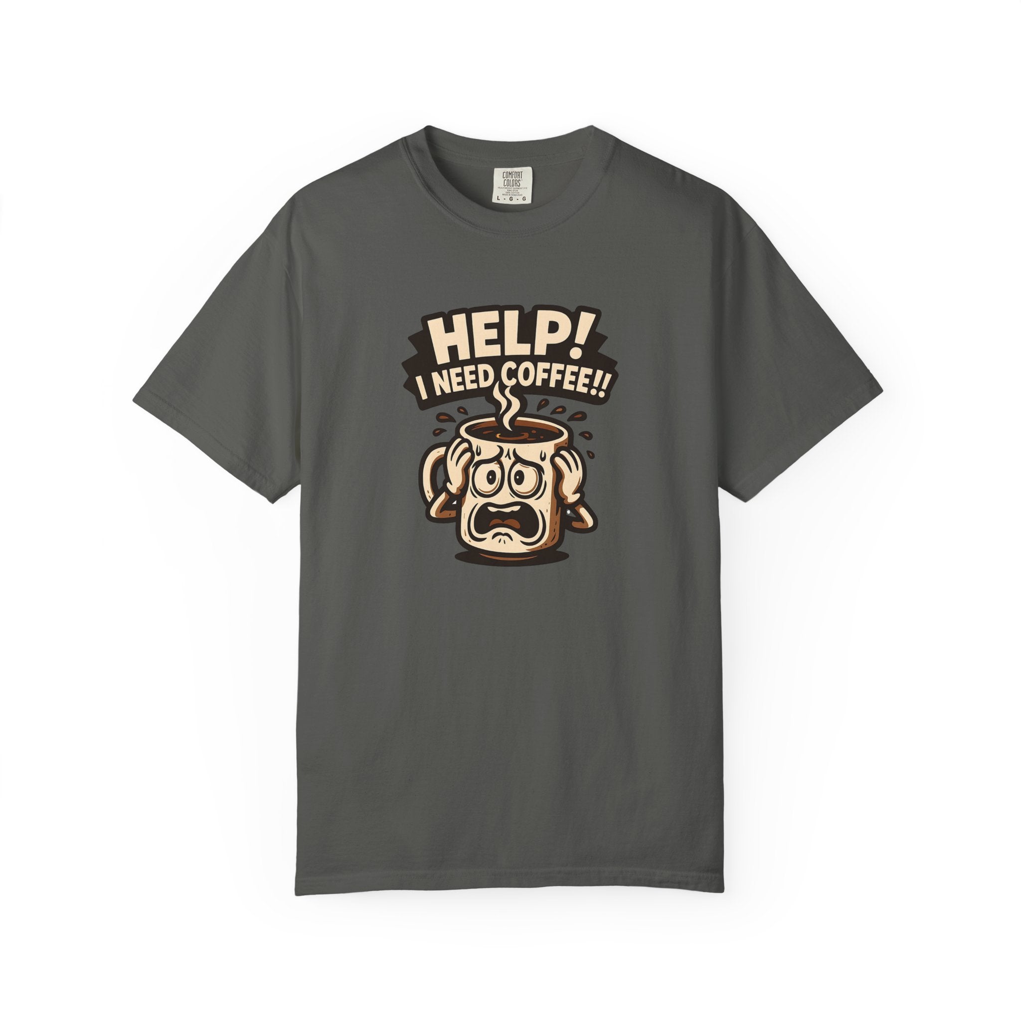 A charcoal grey oversized cotton t-shirt featuring a cartoon coffee mug looking stressed.