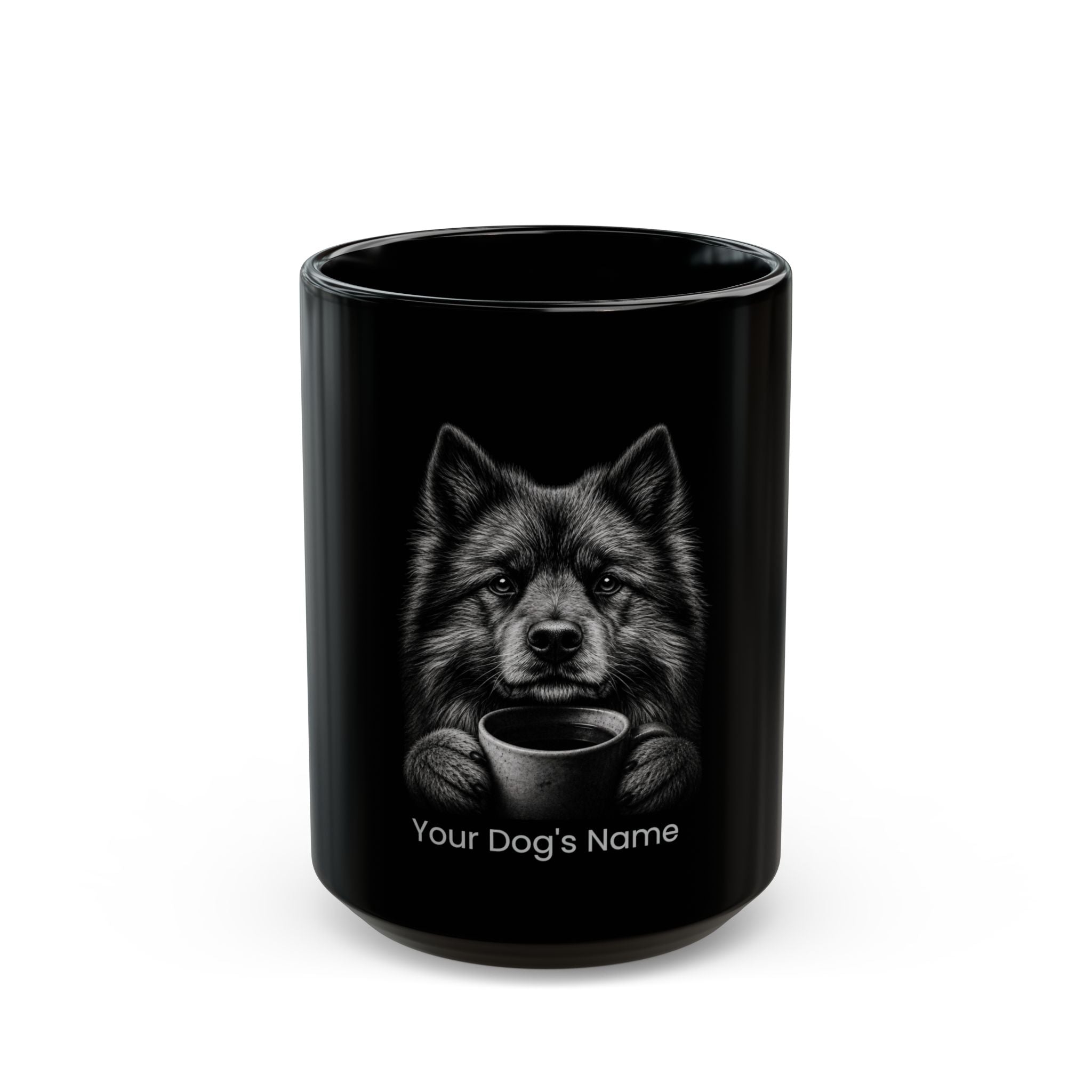 Personalized Eurasier black ceramic coffee mug with custom dog name
