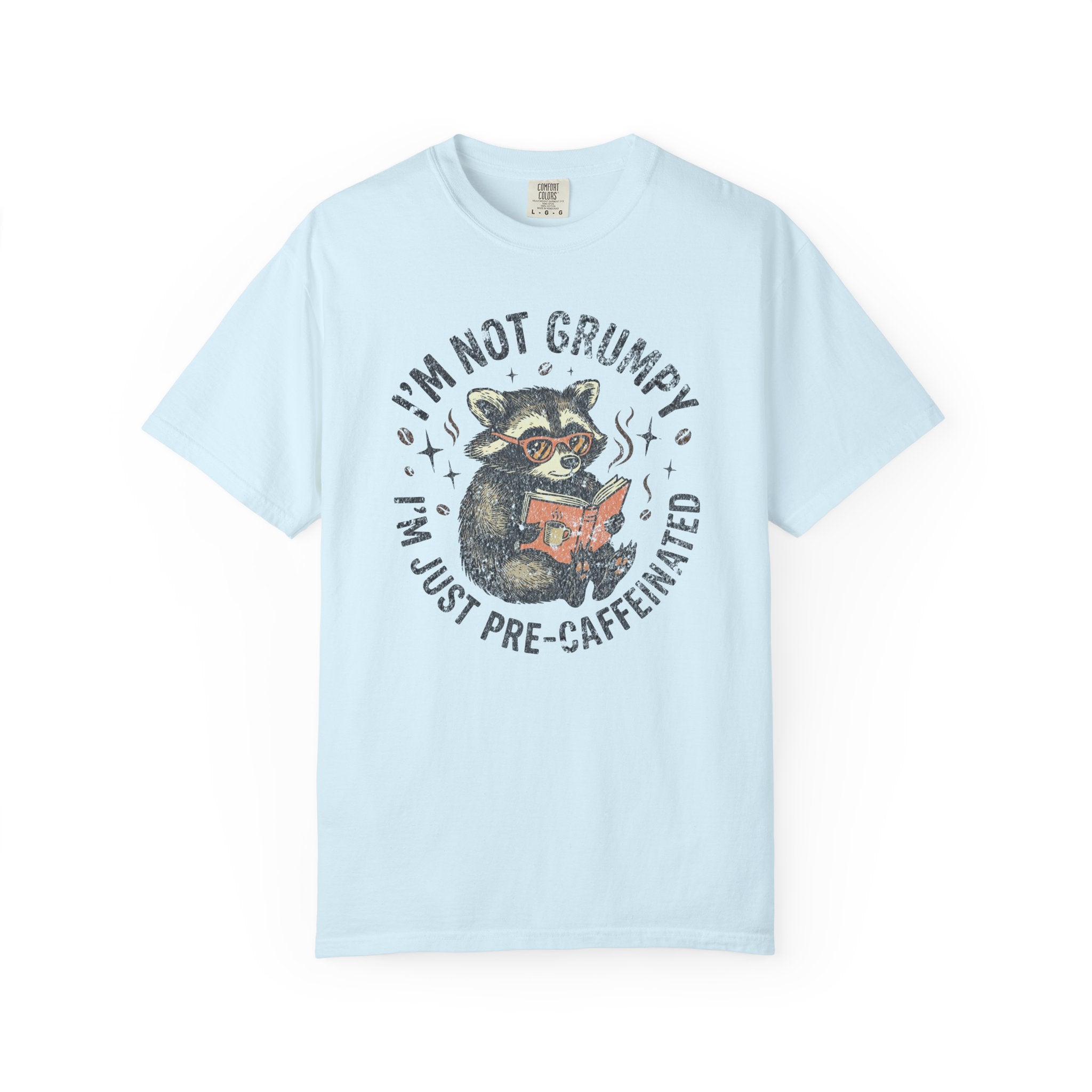 Light blue unisex t-shirt featuring a graphic of a raccoon reading a book with sunglasses.