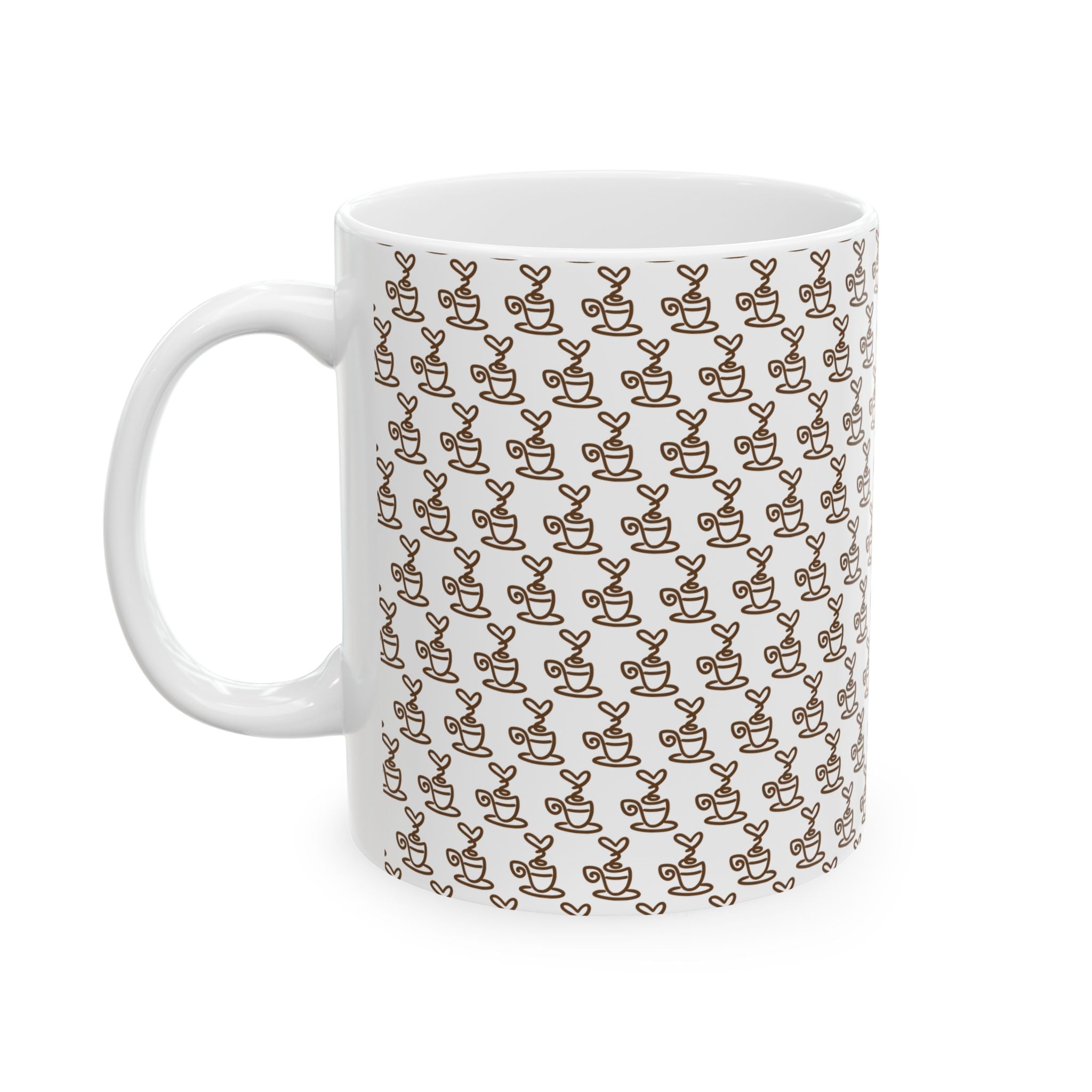 A white ceramic mug featuring a repeating brown line art pattern of coffee cups with heart steam.