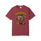 Maroon unisex t-shirt featuring a graphic of a zombie coffee mug with the text Death Before Decaf.