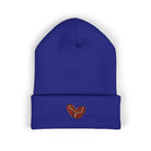 Embroidered coffee bean cuffed beanie in royal blue.