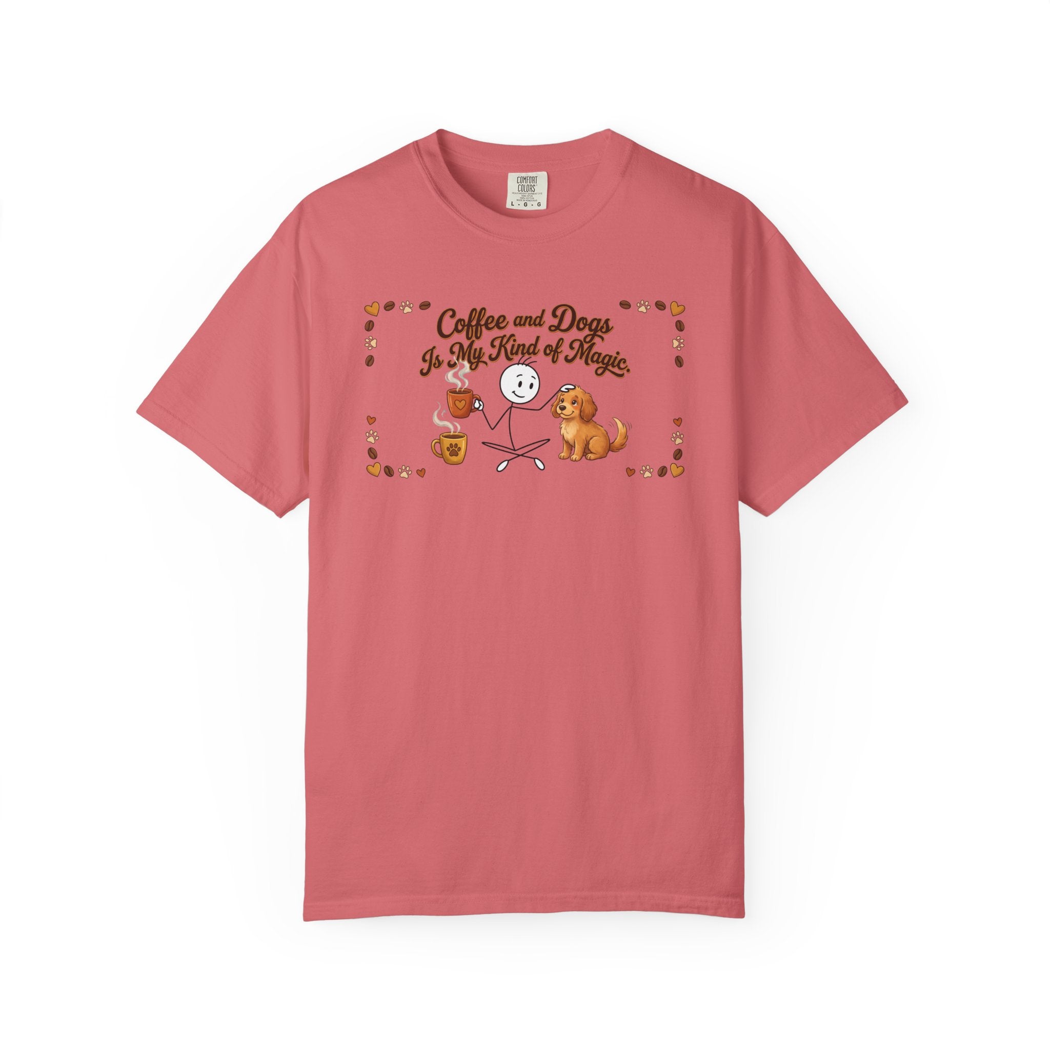 A pink t-shirt featuring a stick figure with a coffee mug and a dog, with the text Coffee and Dogs.
