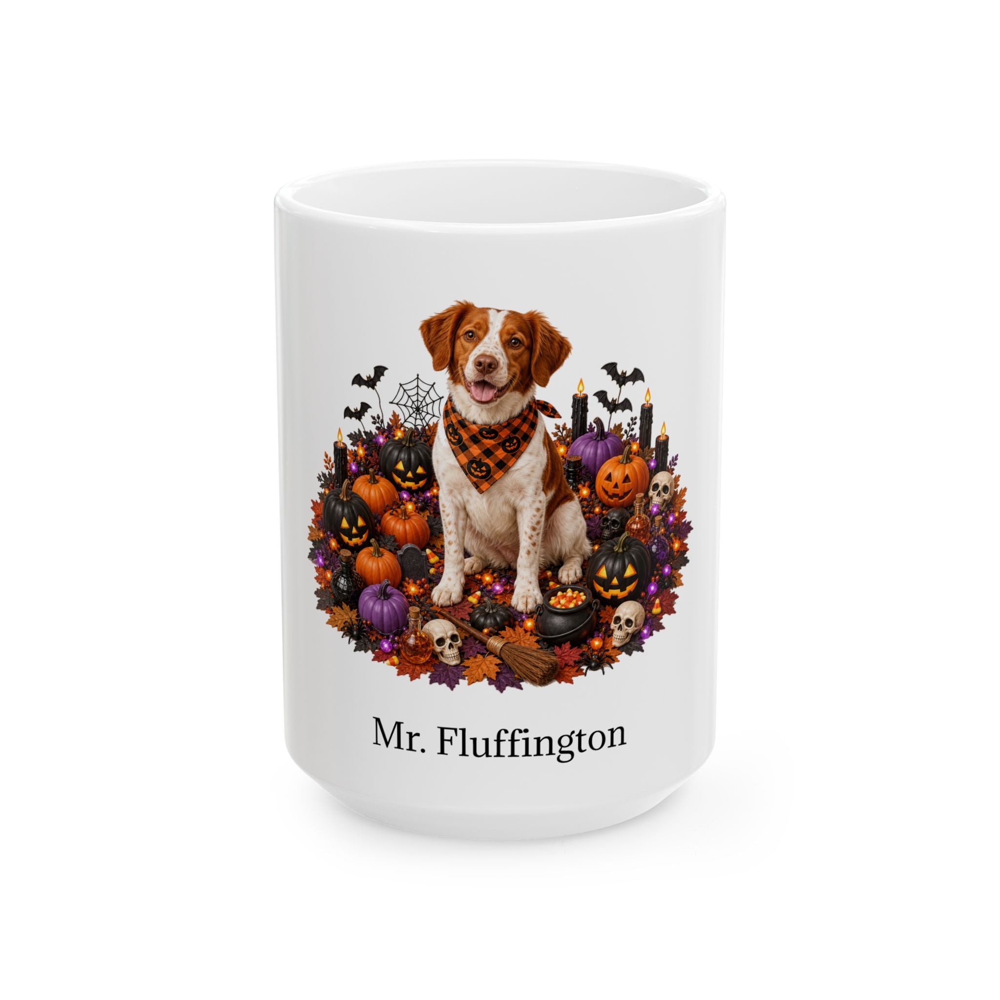 Angled Brittany dog Halloween mug with personalized pet name and fall design — image 3