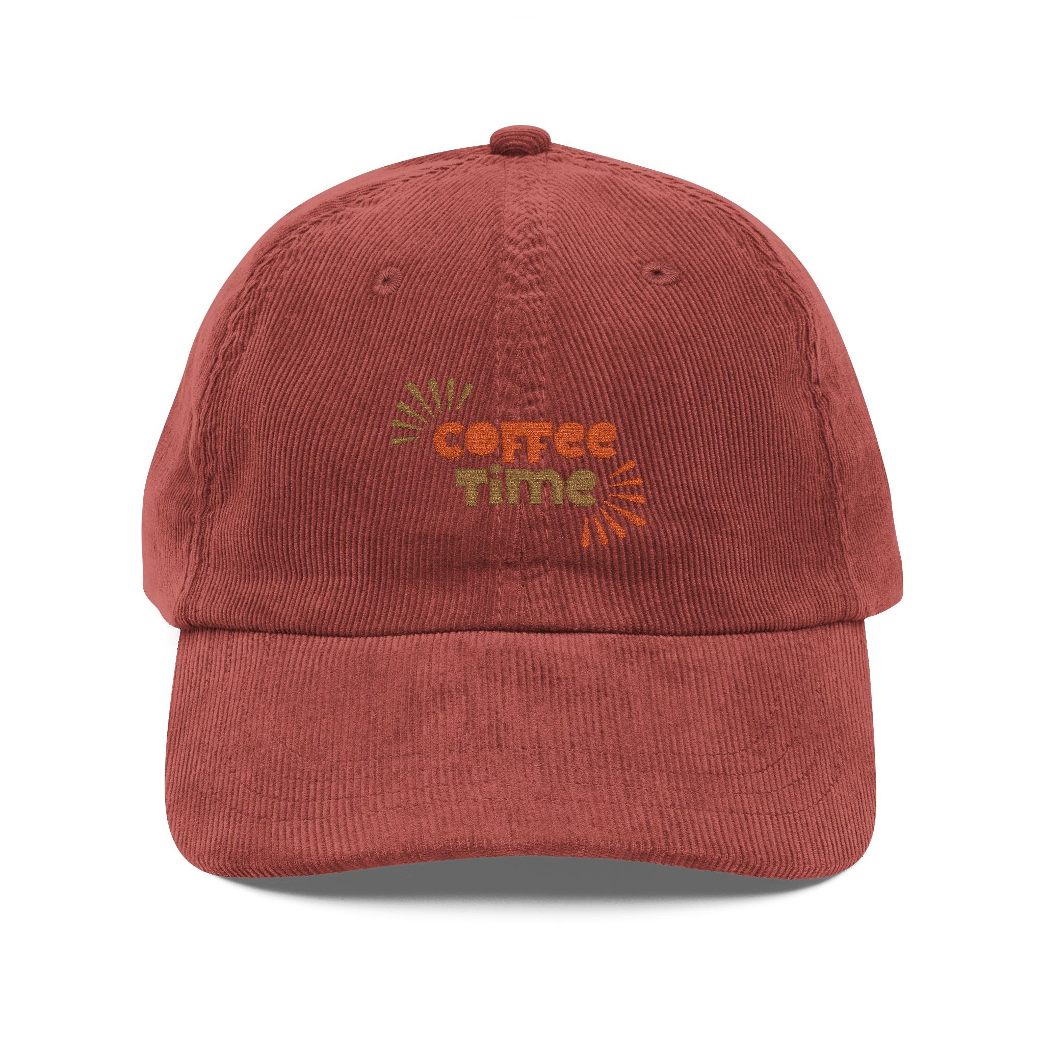 Red corduroy baseball cap with Coffee Time embroidered on the front.