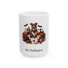 Personalized American Pit Bull Terrier dog Halloween mug, 11oz white ceramic, with custom pet name on front