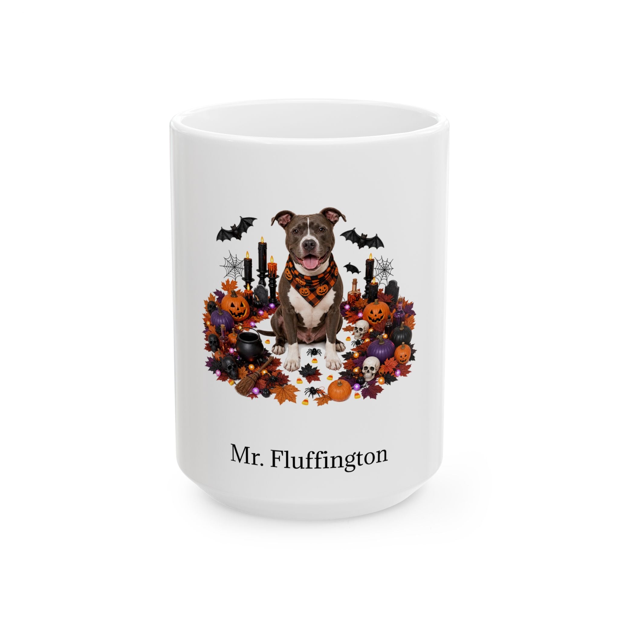 Personalized American Pit Bull Terrier dog Halloween mug, 11oz white ceramic, with custom pet name on front