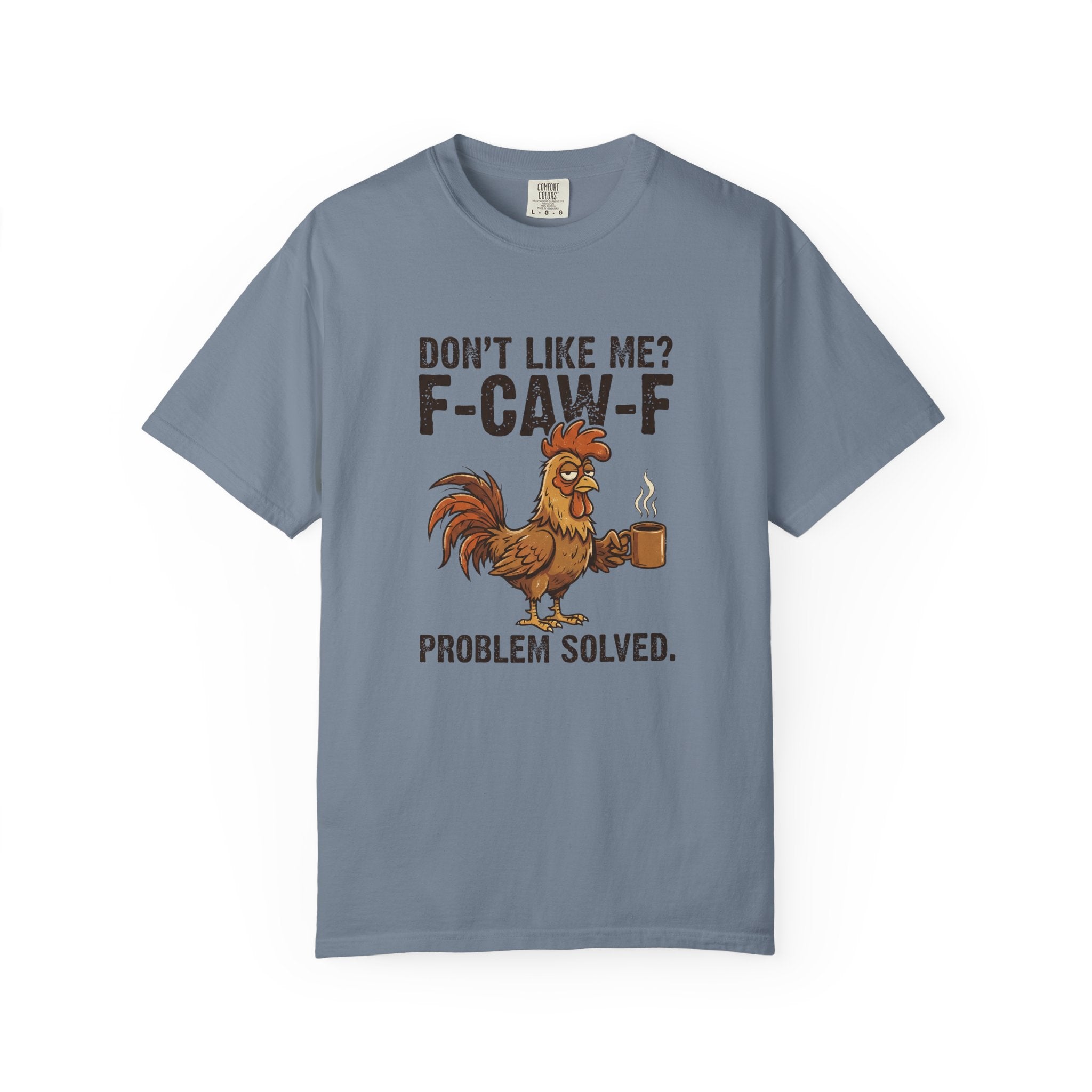 A blue Comfort Colors t-shirt featuring a distressed graphic of a rooster holding a coffee mug.