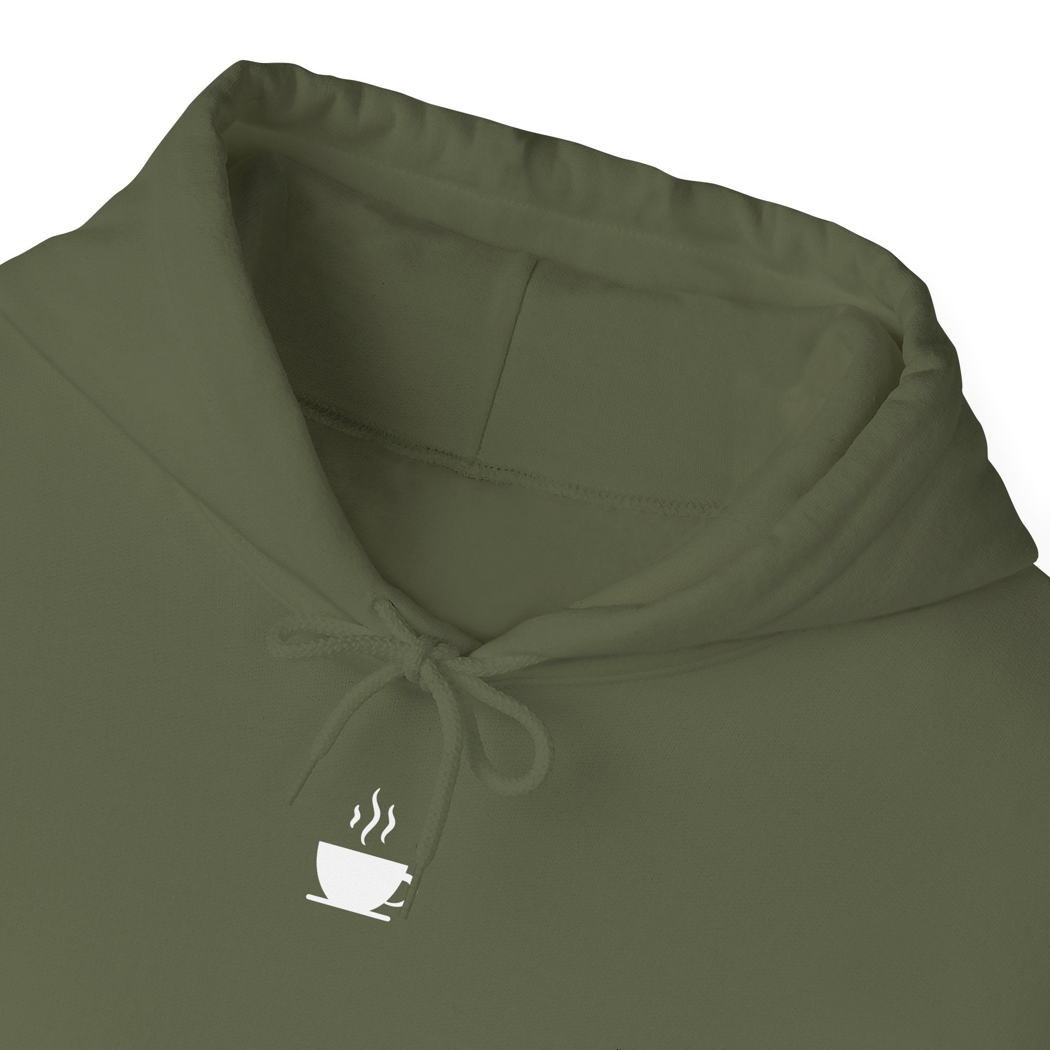 An olive green hoodie featuring a small white coffee cup icon centered below the drawstring.